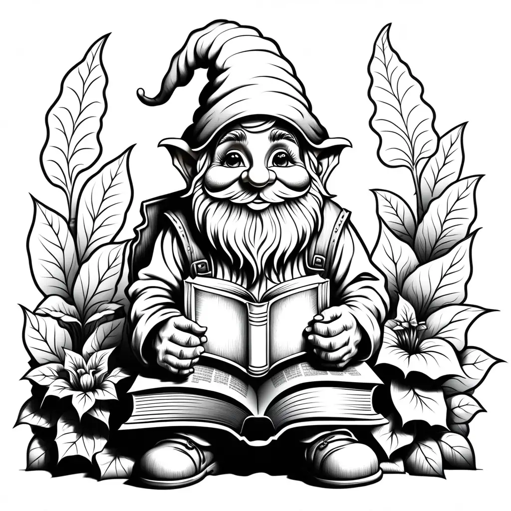 coloring page for adults, gnome with book with no background, dark thick lines, no shading