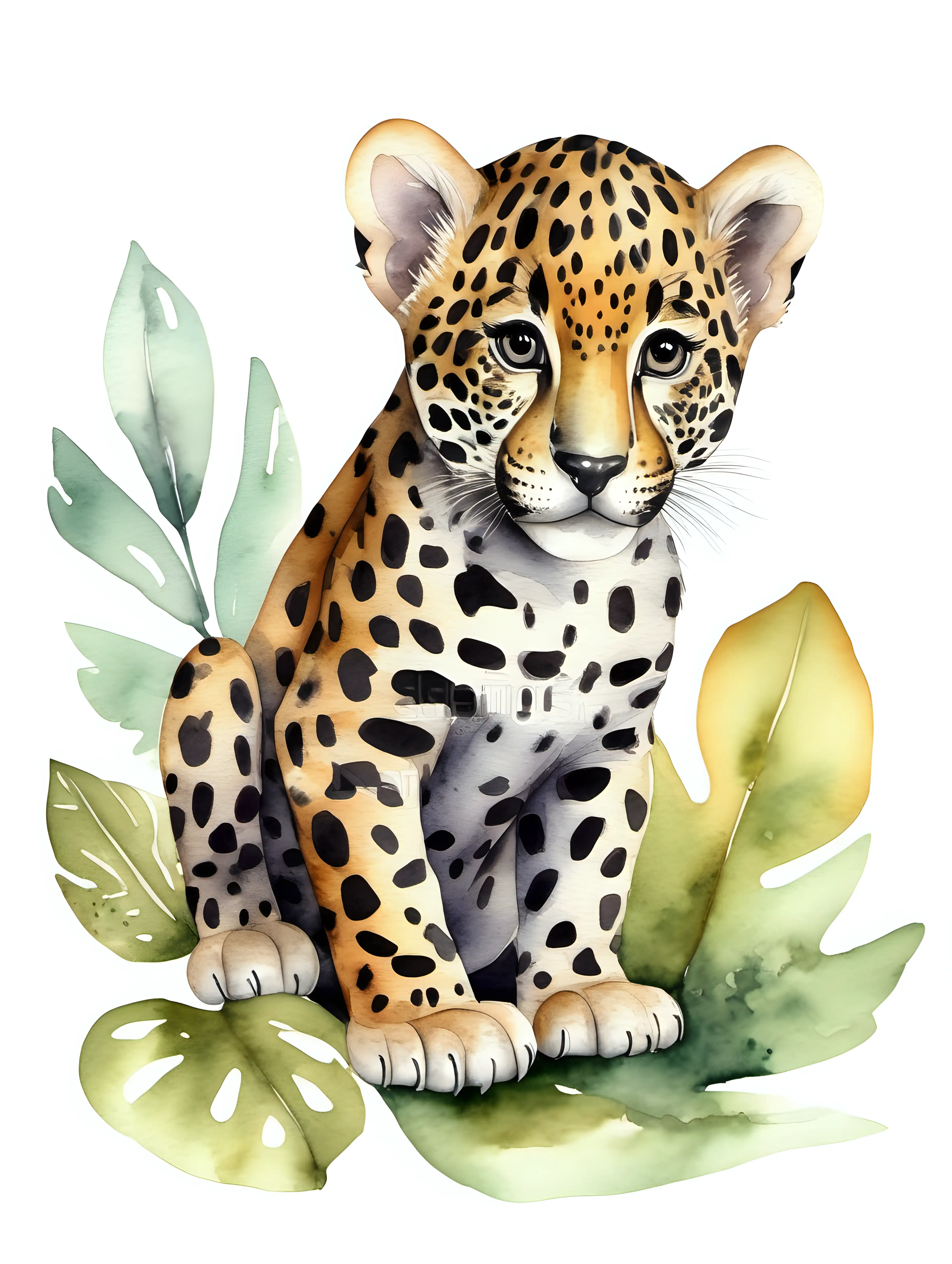 cute baby jaguar, watercolour drawing, woodland style.
Isolated white background