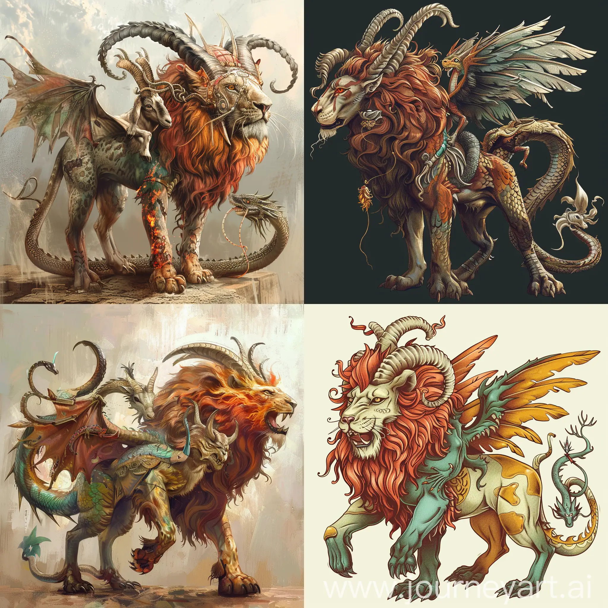 Chimera, a monstrous fire-breathing hybrid creature, composed of different animal parts, as a lion, with the head of a goat protruding from its back, with dragon's wings, and a tail with a snake's head, psychedelic