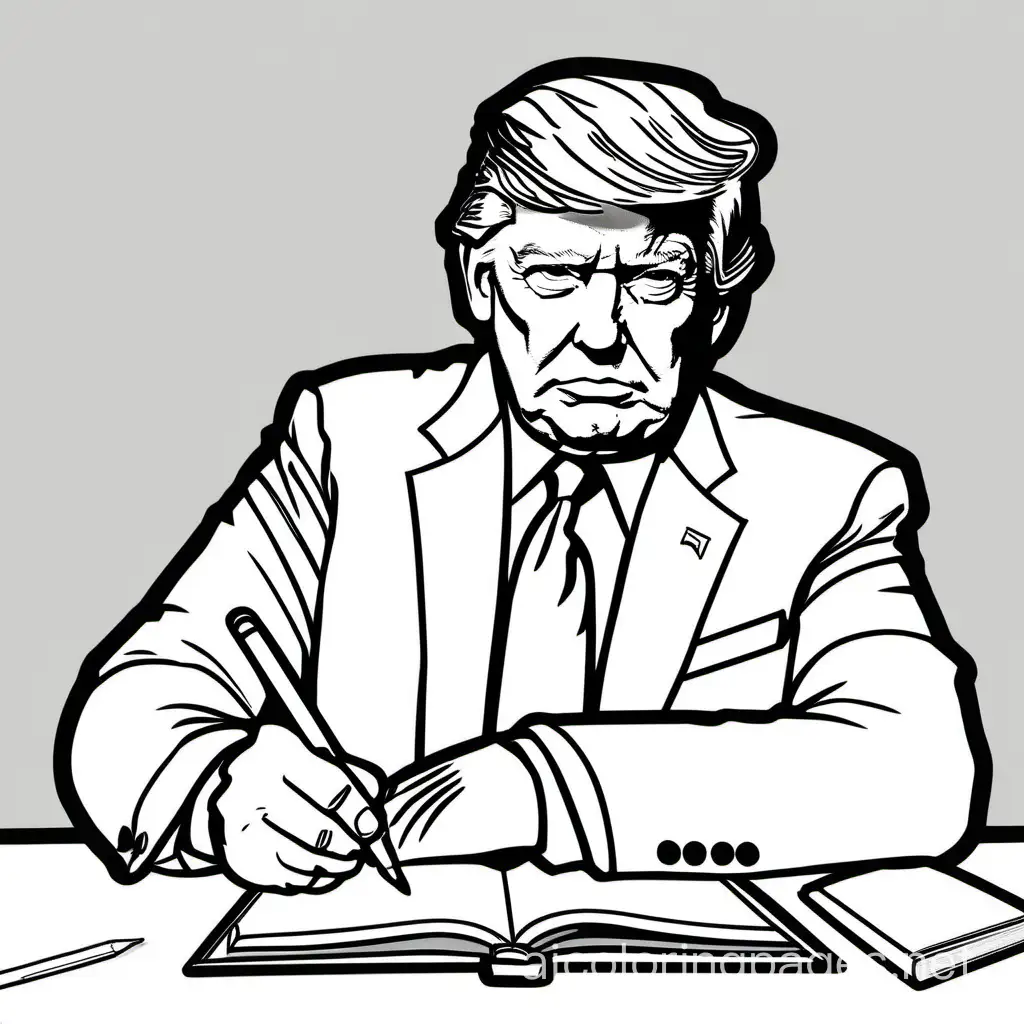 Donald Trump sitting at a table coloring in a book, Coloring Page, black and white, line art, white background, Simplicity, Ample White Space. The background of the coloring page is plain white to make it easy for young children to color within the lines. The outlines of all the subjects are easy to distinguish, making it simple for kids to color without too much difficulty