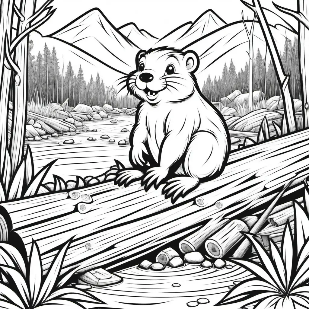 Adorable Beaver on Dam Coloring Book Art