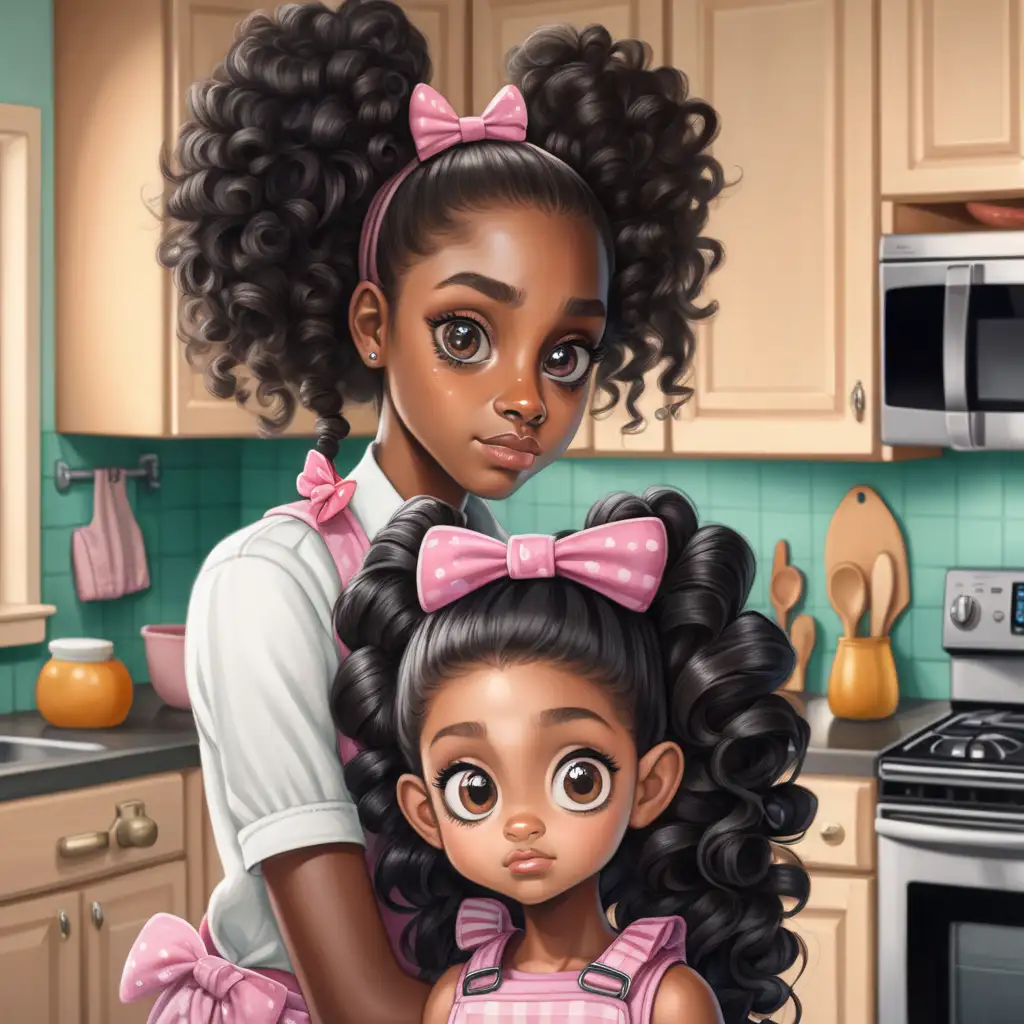 Little dark skin black girl with big eyes curly hair in pony tails and bows in the kitchen with her mom who has long straight hair