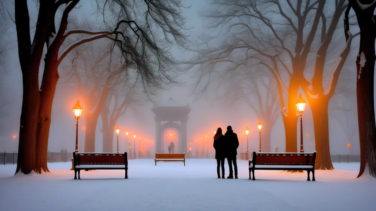 Fog in the park in the evening. The orange lights of the pillars give a mystical aura to the panoramic view of the park. Along the walkway, there are amazingly beautiful carved wooden benches. It is snowing and the snow glistens discreetly in the light of a fabulous moon that is barely visible through the thick fog. The silhouette of a couple in love can be seen somewhere in the background, discreetly, everything is light and color
