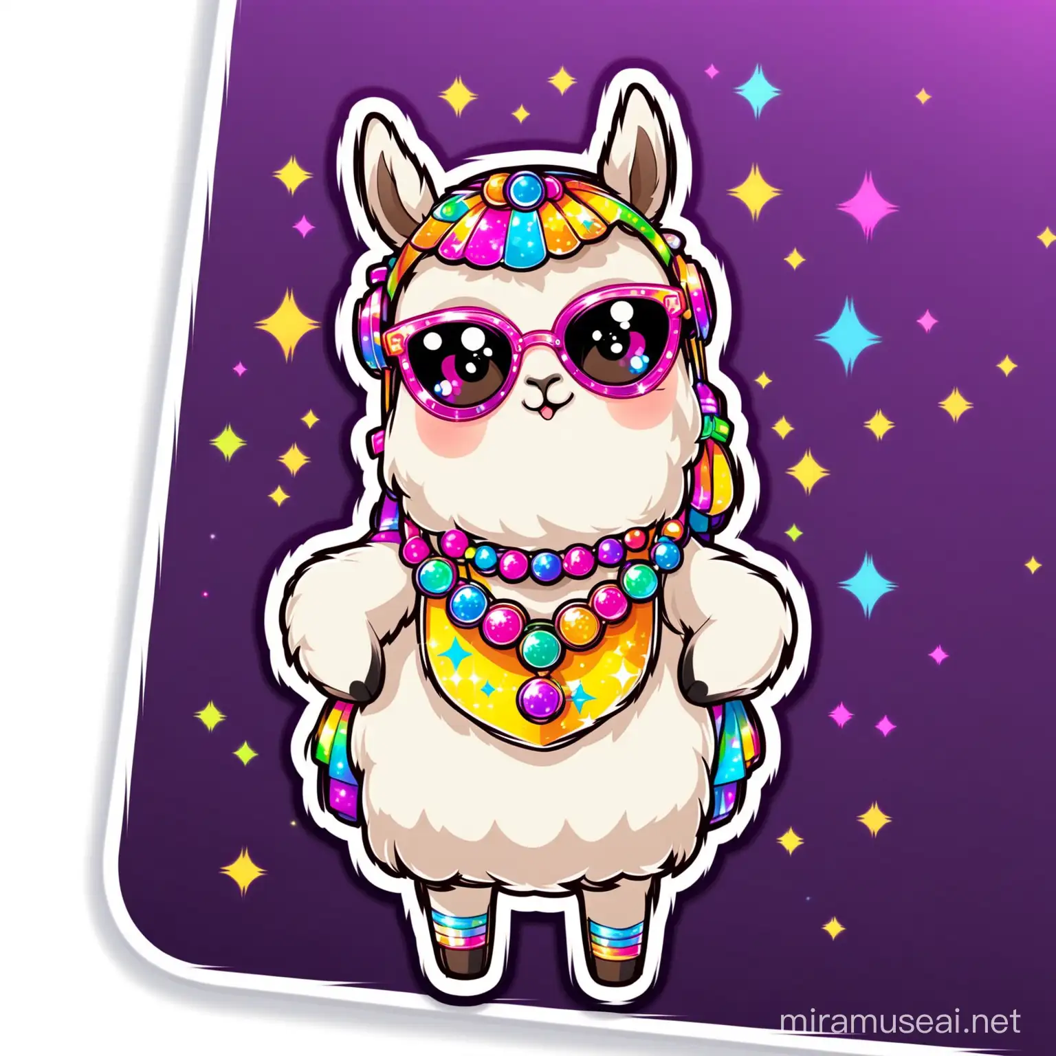 Cheerful Cartoon Llama in Glittering Disco Themed Outfit Sticker