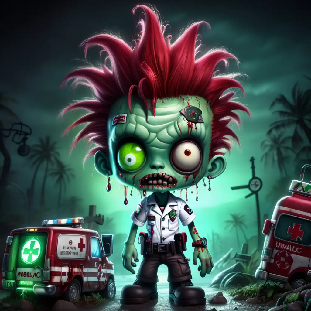 Adorable Green Skin Paramedic Zombie with Red Mohawk in Dark Fantasy Portrait
