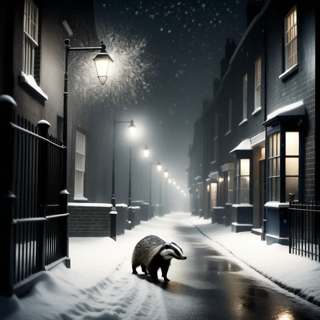 Nocturnal British Badger Roaming Snowy Streets 1940s Atmosphere