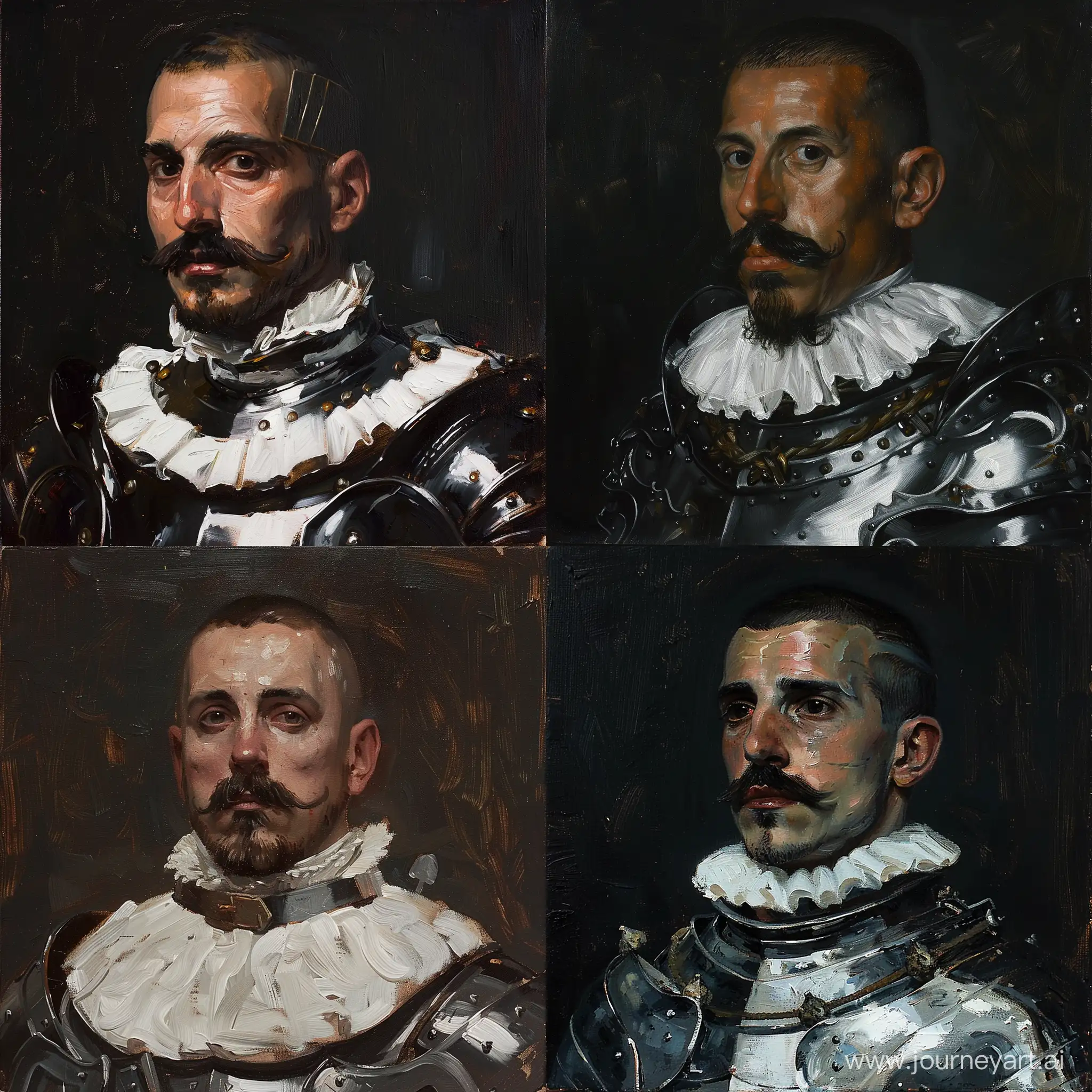 Oil painting Spanish knight Pedro Fernandez de Castro. Wearing plate knight armor and white ruff neck. He has buzz cut hairstyle handle bar mustache and a small piece of beard below his lips to the his chin. Oil painting. Dark brush strikes.