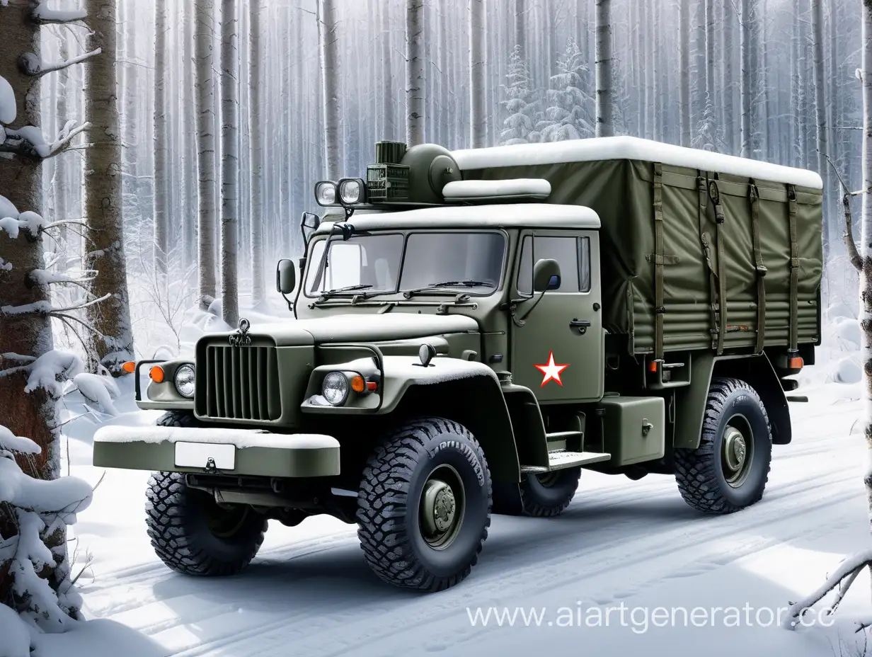 Russian millitary transport "Ural", in the winter-forest location, with Z simbol on the car-door.


