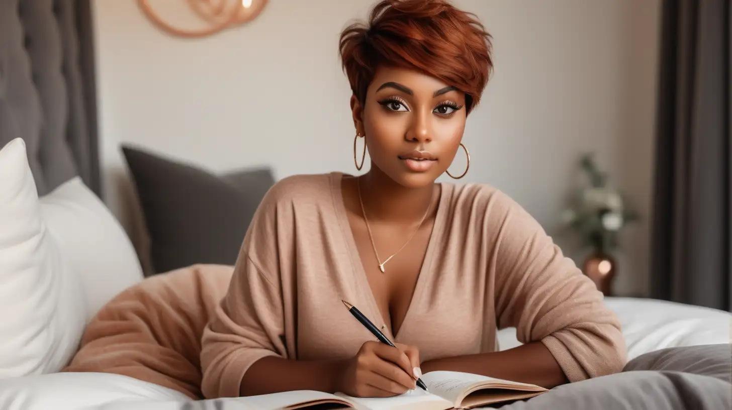 A beautiful, curvy, medium dark skin woman with large expressive eyes and long lush eyelashes giving a soft, engaging look.  Her hair is styled in a short copper pixie cut.  She is wearing large hoop earrings, which ad a touch of elegance to her cozy attire. The woman is clad in Fashion loungewear.  She is sitting in a luxury bedroom on her bed with a journal in her lap and pin her hand, writing her goals for 2024..