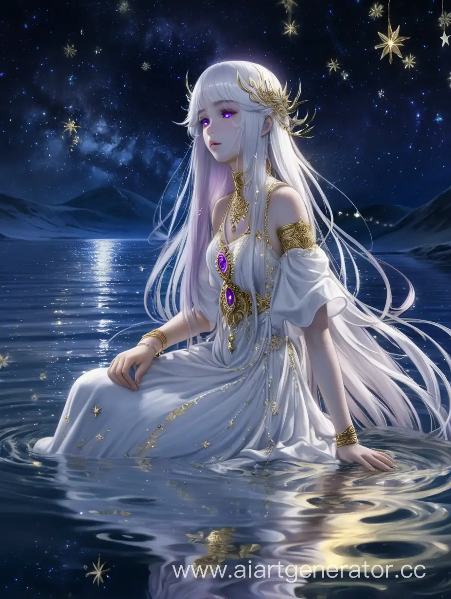 Enchanting-Night-Mystic-Girl-with-Long-White-Hair-in-GoldAdorned-White-Dress