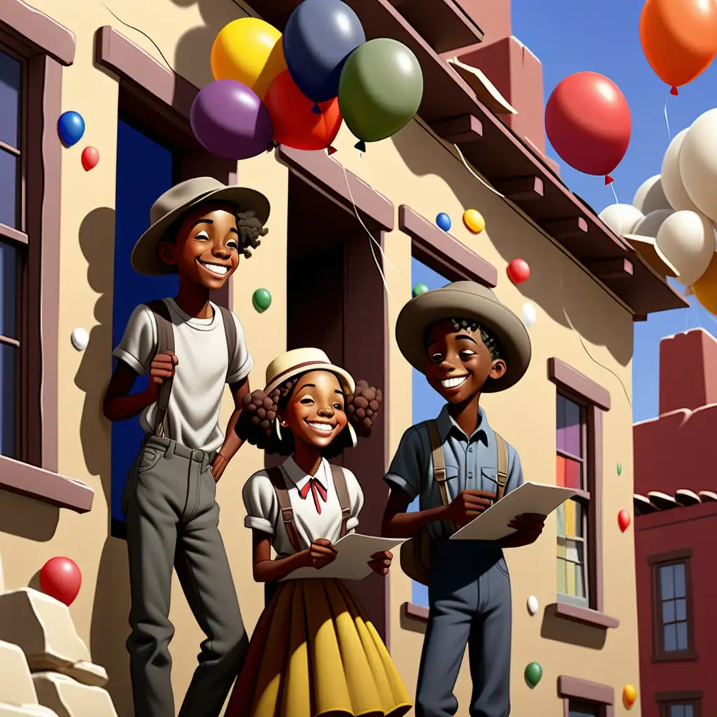 1900s cartoon-style African American teens decorating stucco buildings with colorful flags and balloons in New Mexico smiling