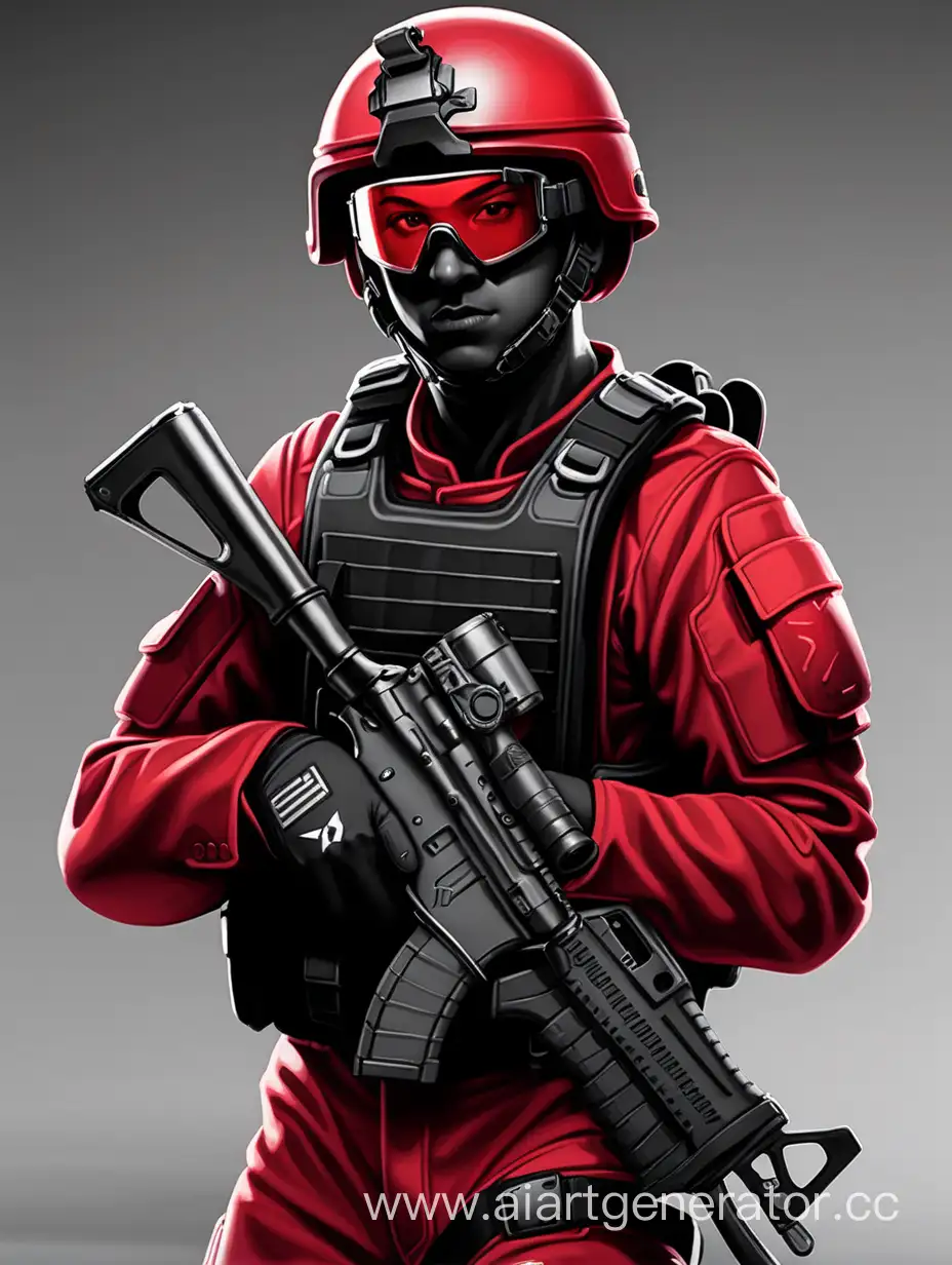 
Парень, короткая стрижка,  боевые перчатки, красная форма, черный бронежилет, солдат, красные очки.