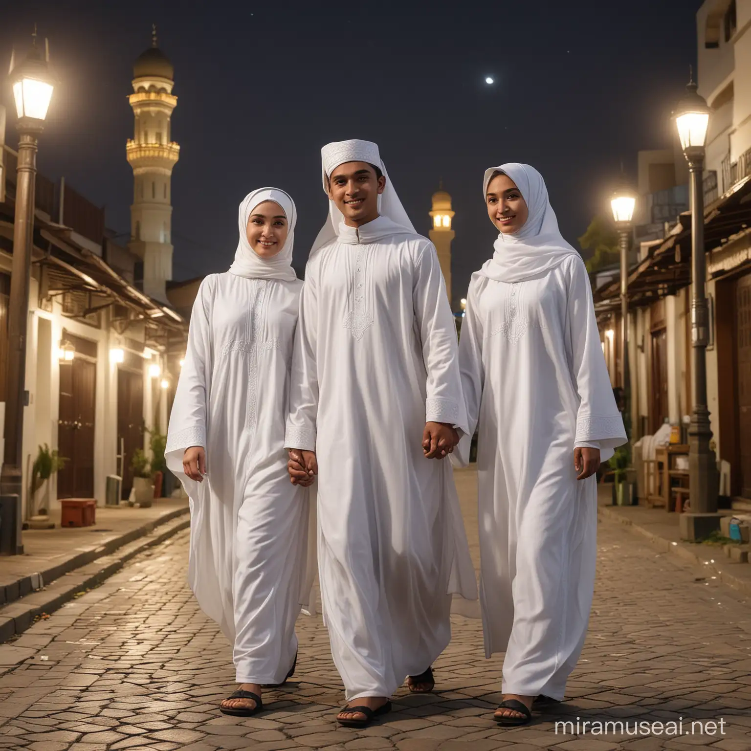Indonesian Youths in Traditional Muslim Attire Walking to Mosque at Night