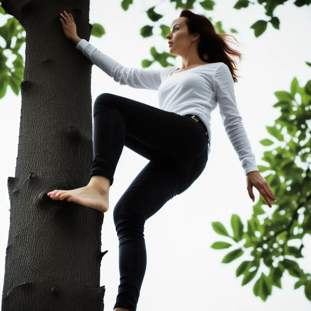 Young Woman Climbing Tree in Stylish Attire