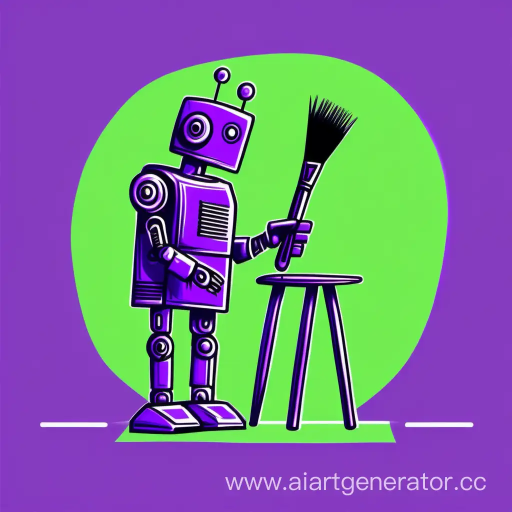 нарисуй человека, у которого робот отбирает кисточку, в минимализме, в стиле для презентации, в фиолетовом, зеленом и синих цветах