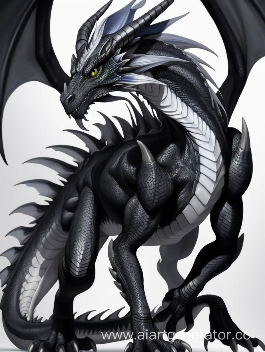Человеко подобный дракон, черного цвета, черным белком и яркой белой радужкой глаз, короткие черные волосы с длинным хвосм внизу