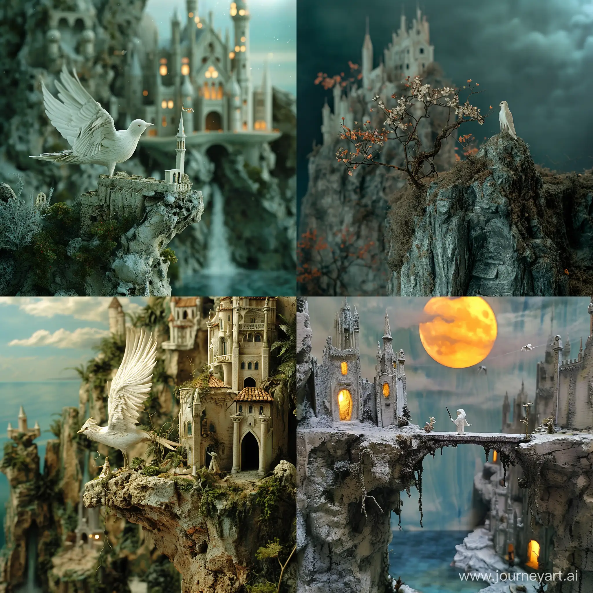 Diorama::1.5, Белый антропоморфный магический голубь стоит на краю обрыва, вдалеке виднеется замок мага, surrealism, mystical, fantasy, neon, необычное, --v 6