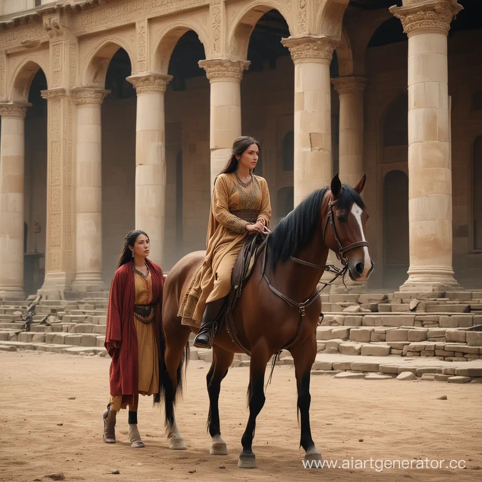Женщина восточной внешности сбегает верхом на лошади из дворца мужчины, он очень расстроен из-за этого, потому что любит её, а она его нет
