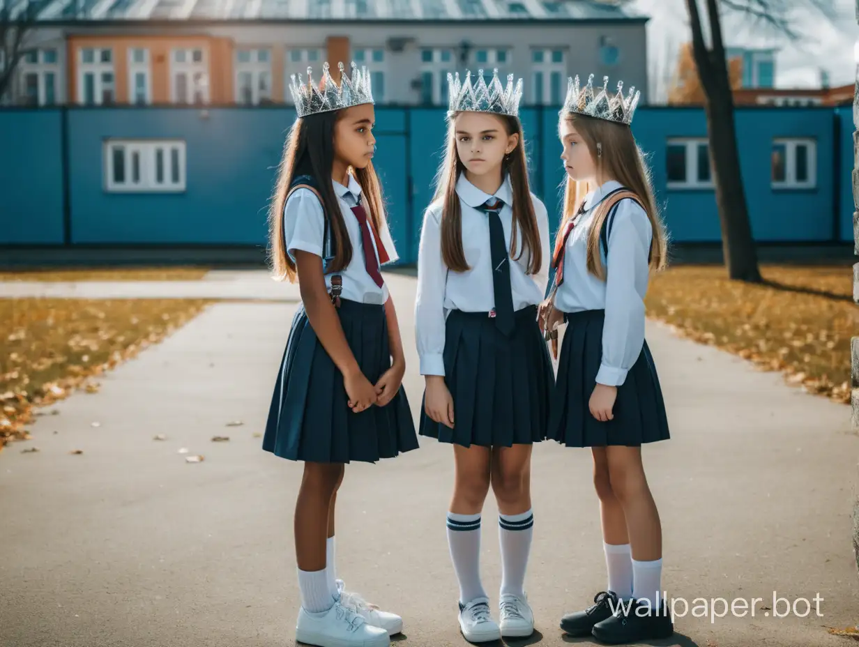 две школьницы подружки стоят во дворе школы во весь рост в хрустальных коронах с учительницей романтизм