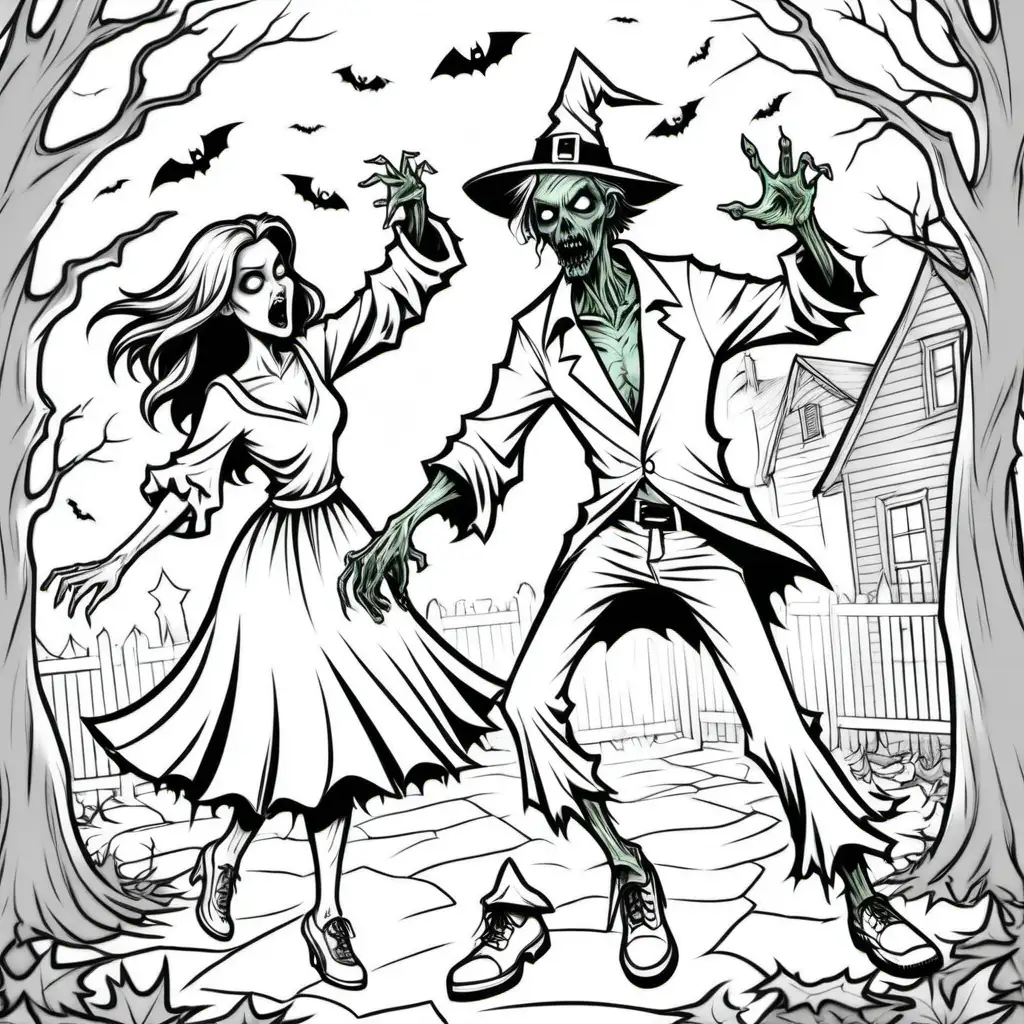Spooky Halloween Coloring Book Zombie Man and Witch Woman Dance