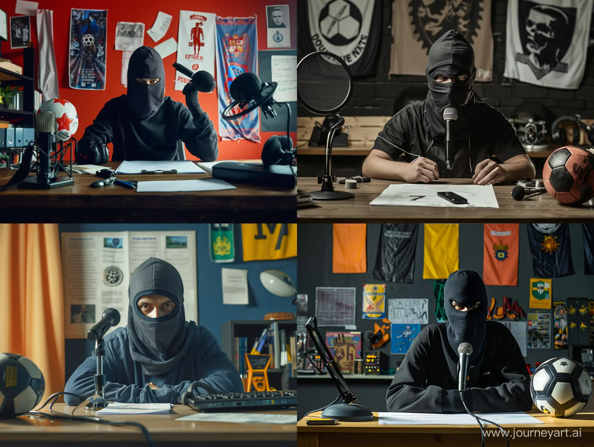 membre ultras with balaclava set in the desk with ball of football  and baners paper and microphone 

