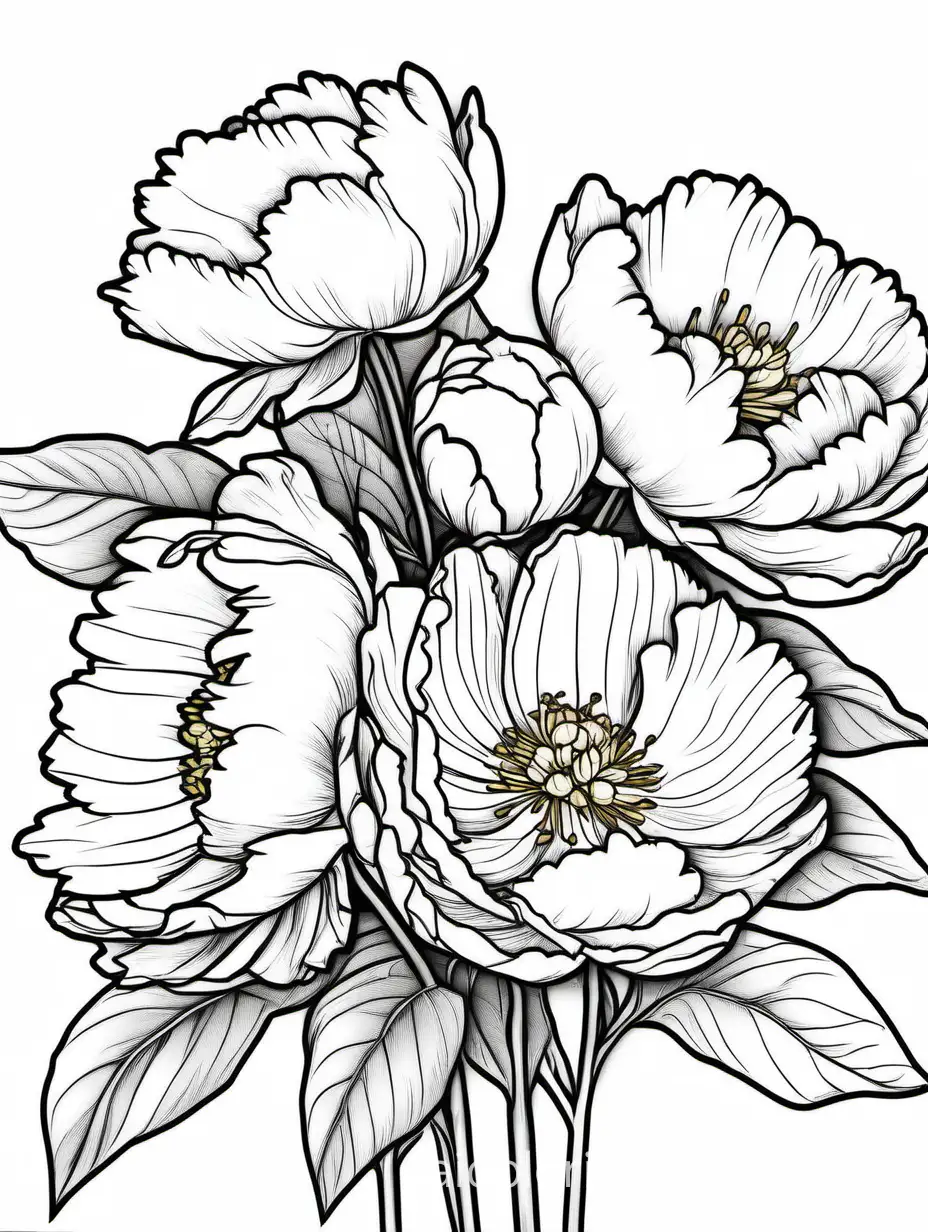 Monochrome-White-Peonies-Coloring-Page-with-Simplistic-Black-Lines