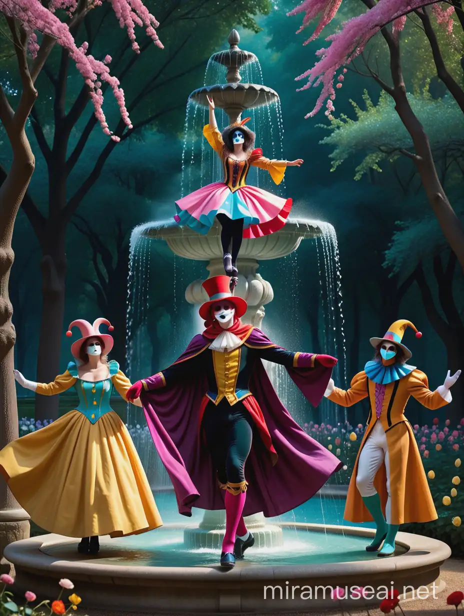 Harlequin Dancing by Musical Box at Fountain in Enigmatic Forest
