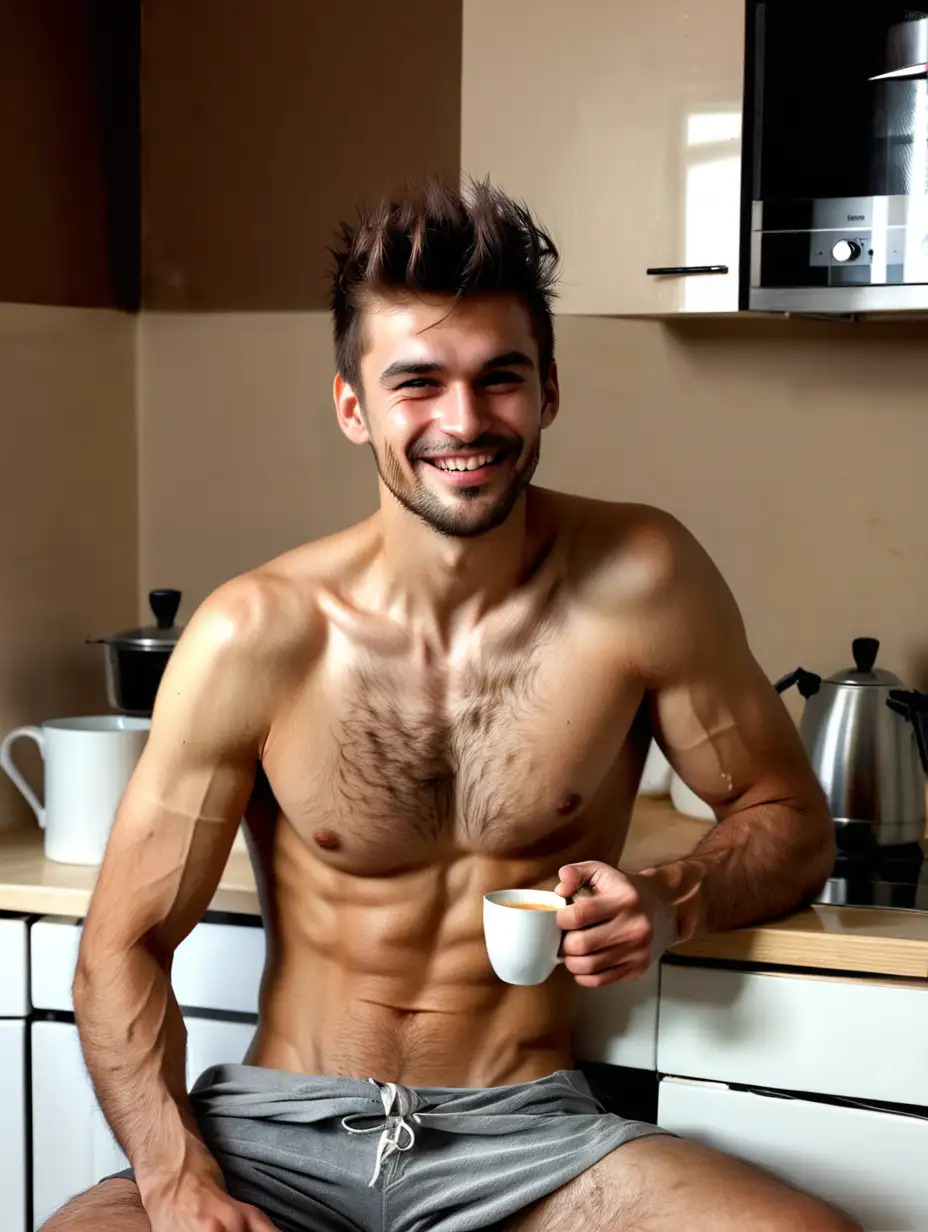 Joyful Shirtless Man Enjoying Coffee in Cozy Kitchen