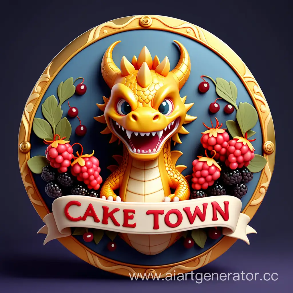 круглое лого, украшенное ягодами, в центре надпись CAKE TOWN, за кругом два золотых дракона
