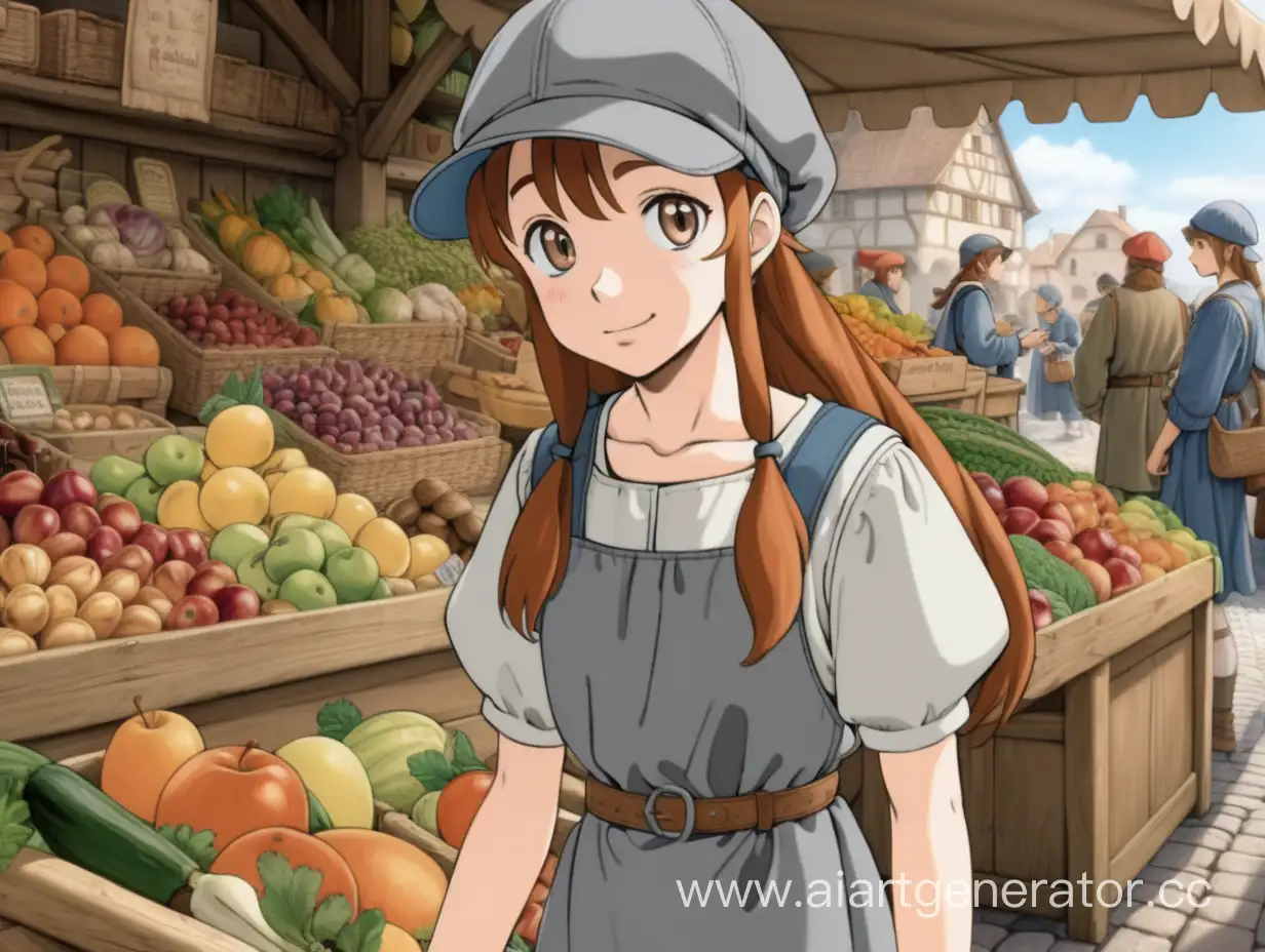 Medieval-Market-Square-Girl-with-Chestnut-Hair-Behind-Fruit-Stand