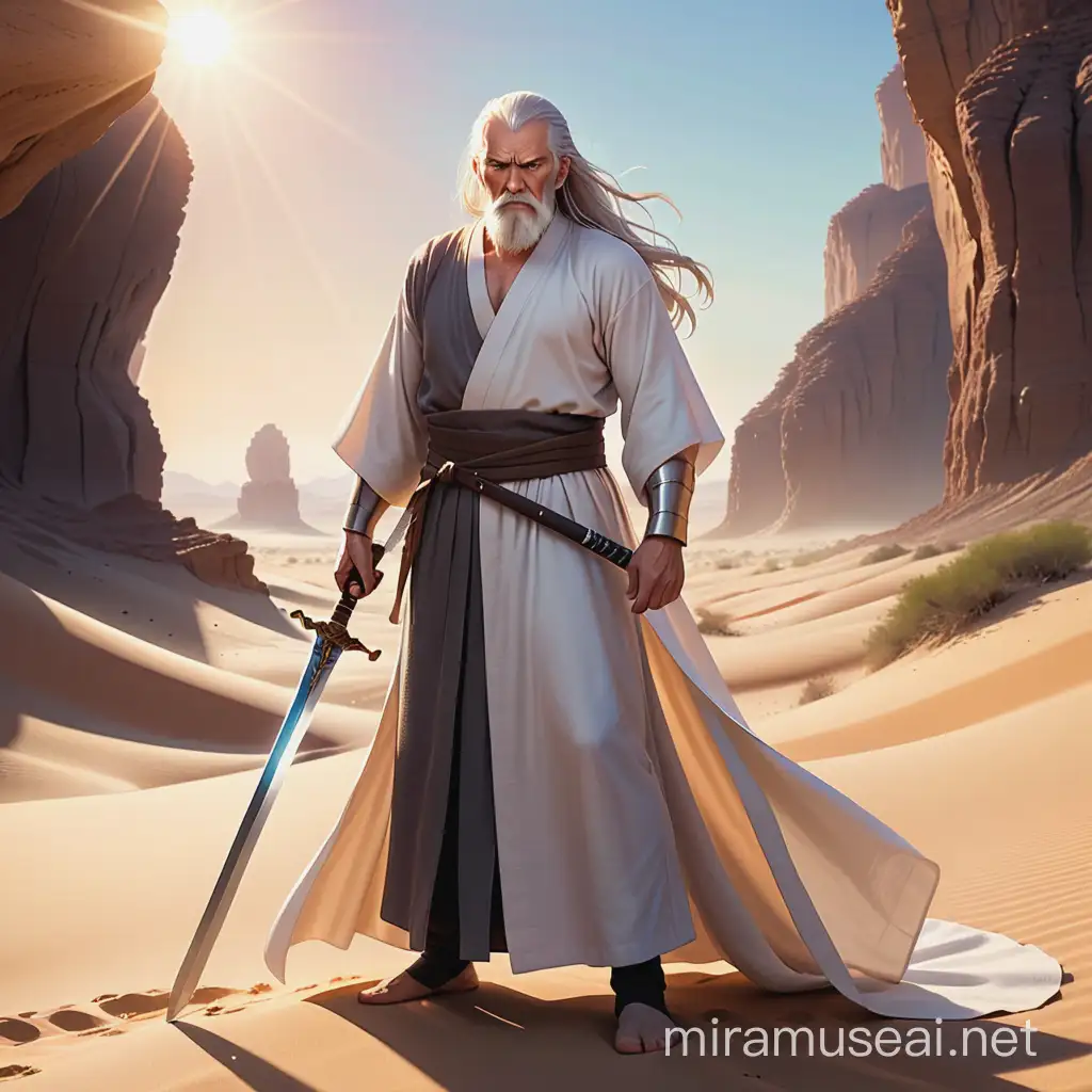 Angry Elderly Swordsman in Vivid Desert Landscape