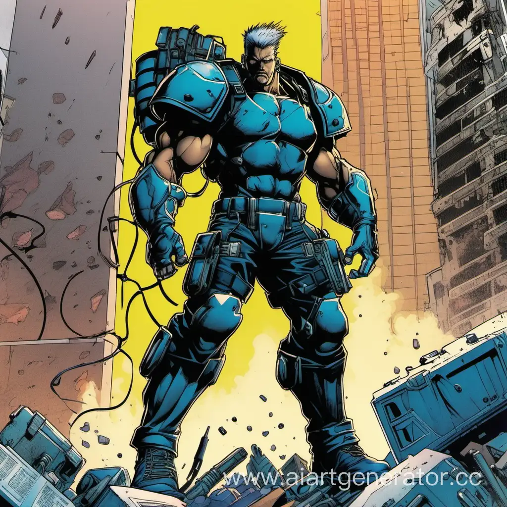 90s comics art, attack move, full height figure, cyberpunk, riot shield, heavy male, aggressive, colored
