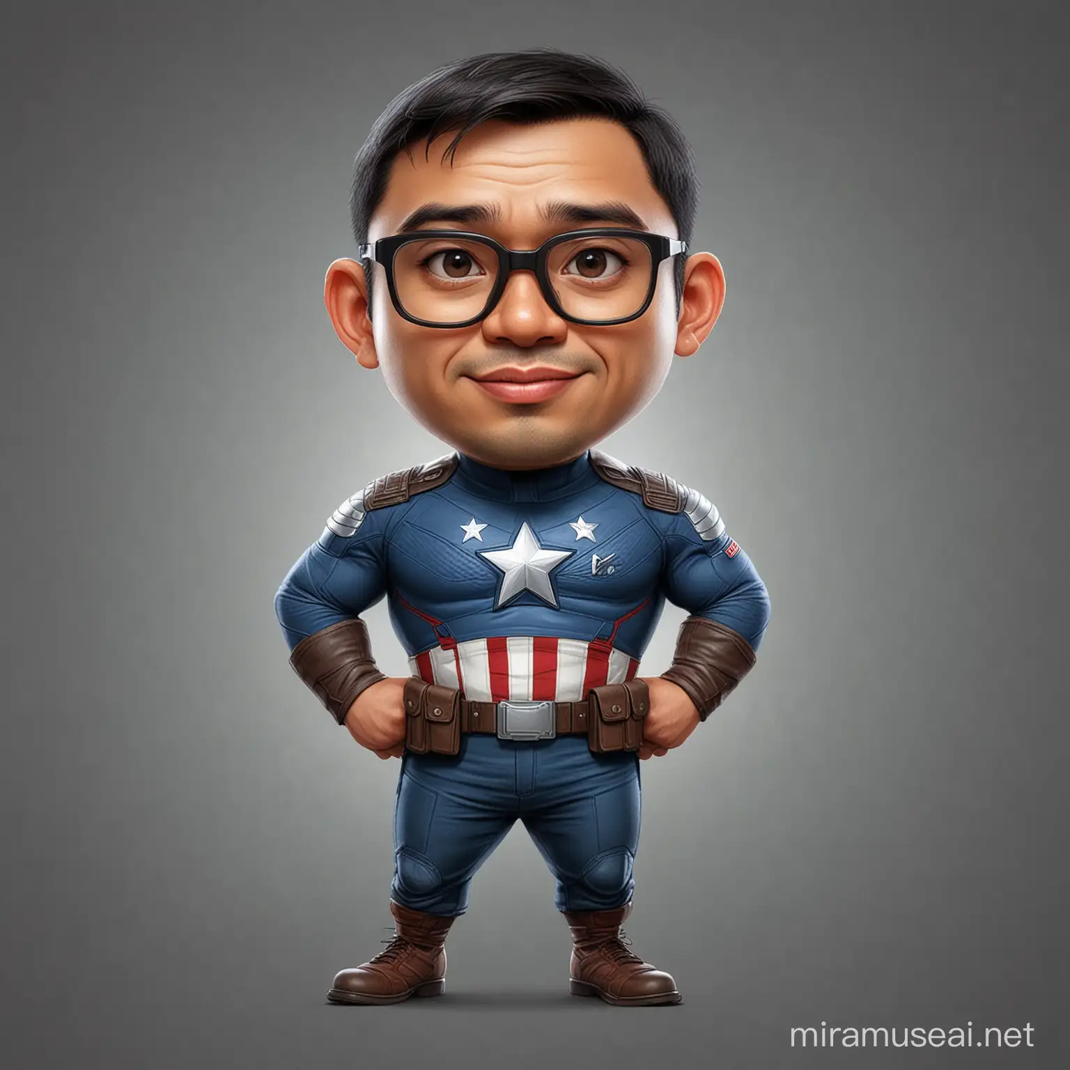 caricature potrait full body, A 29 year old Indonesian man, short thin hair, big head, wearing glasses, wearing a captain america costum, realistic.