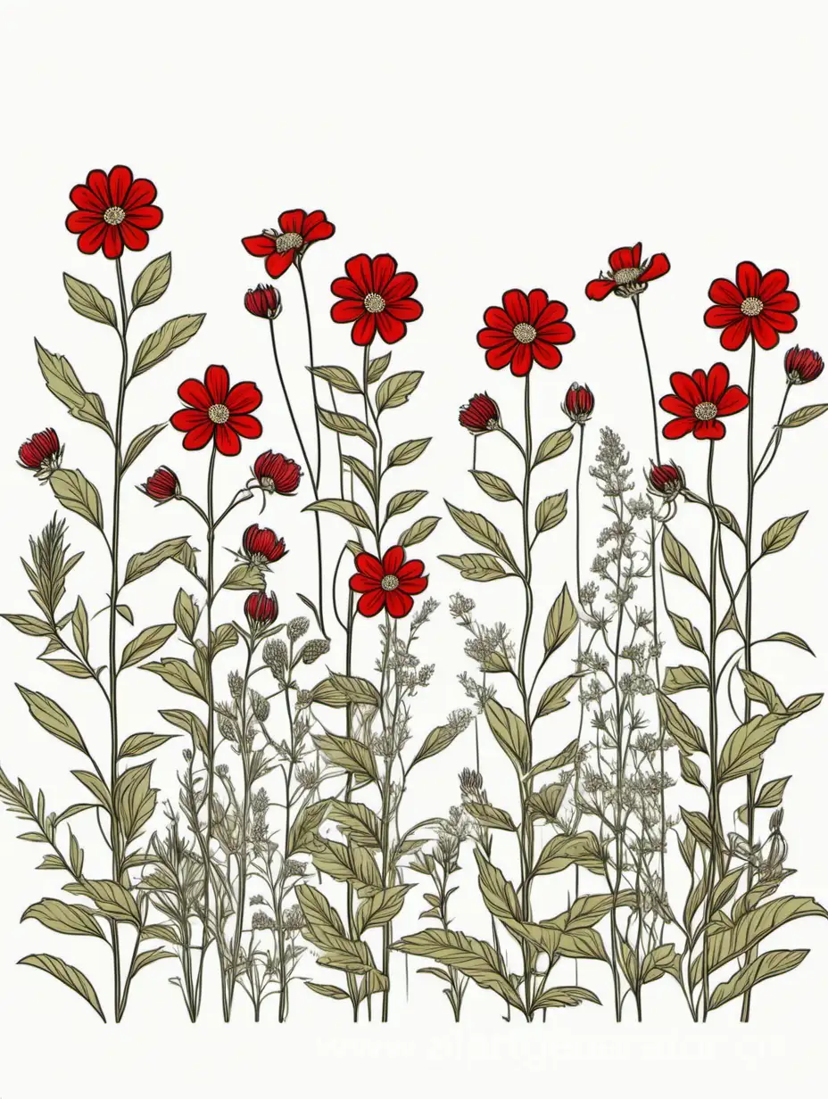 Elegant-Red-Wildflower-Cluster-in-4K-Line-Art-Botanical-Floral-Illustration