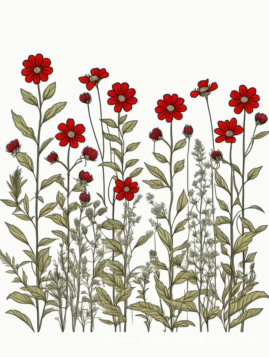  Red Big wildflower  plants lines art, simple, herb, Unique floral, botanical ,grow in cluster, 4K, high quality, white background,