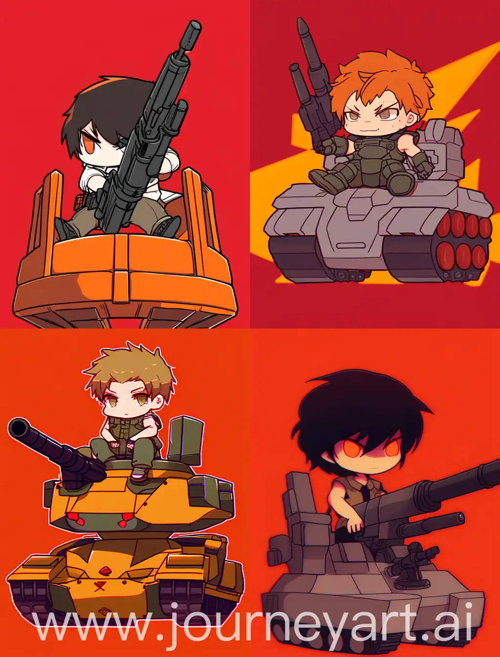 angry chibi anime guy holding a gun, sitting on top of a tank, cartoon anime style, with strong lines, with orange solid background