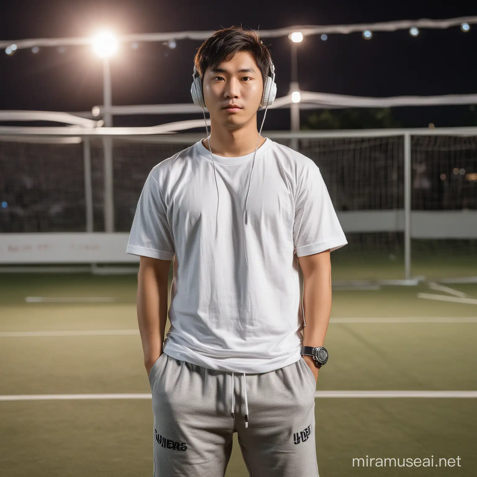Professional photography, depth of field,chubby face
a Korean man with short hair, 28 years old,
medium height, white headphones around his
neck, wearing a white shirt with the
text
shorts and white shoes,
standing with a skateboard in his hand,
leaning back. on a wire fence of a Futsal
field, taken from the best angle, night
portrait with lights, cinematic, looking at
the camera


