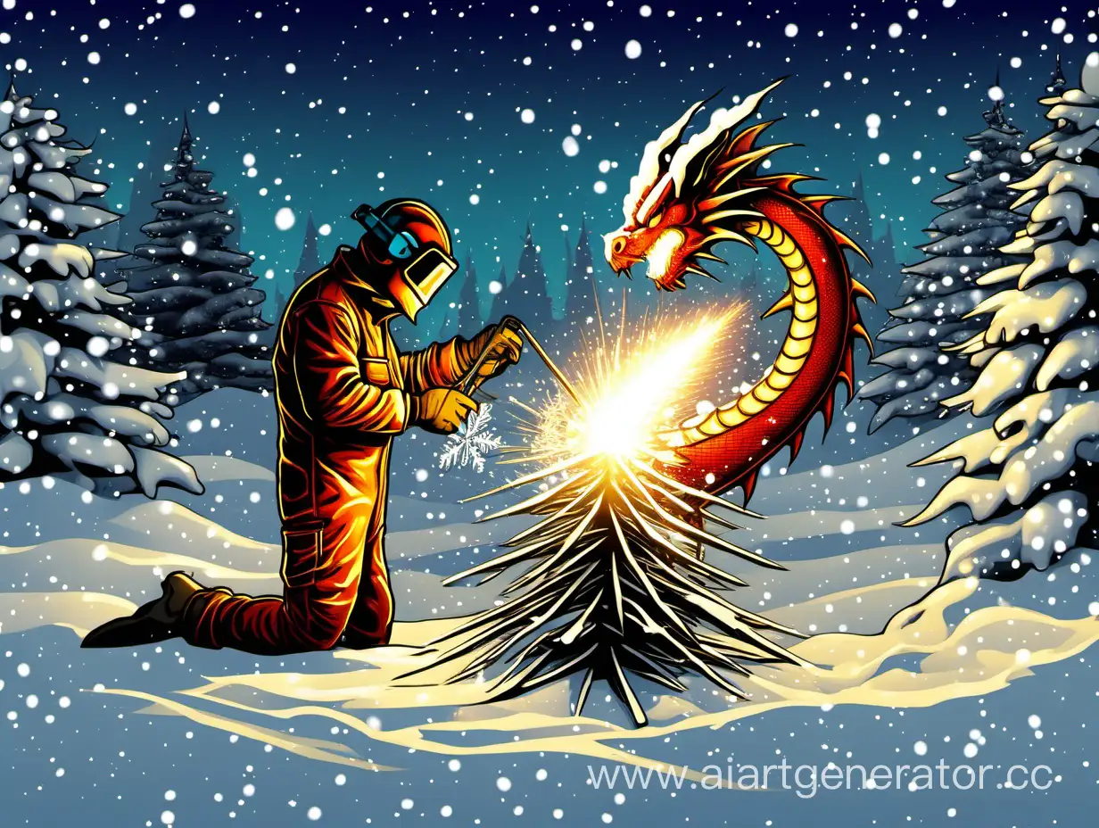 сварщик, работает, новый год, ёлка, снег, дракон
