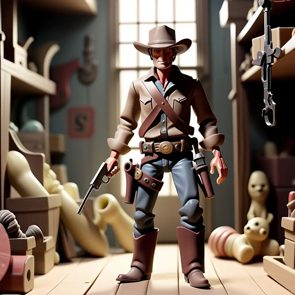 Ancient Cowboy Action Figure Battles Sinister Toys in Toy Factory Shadows