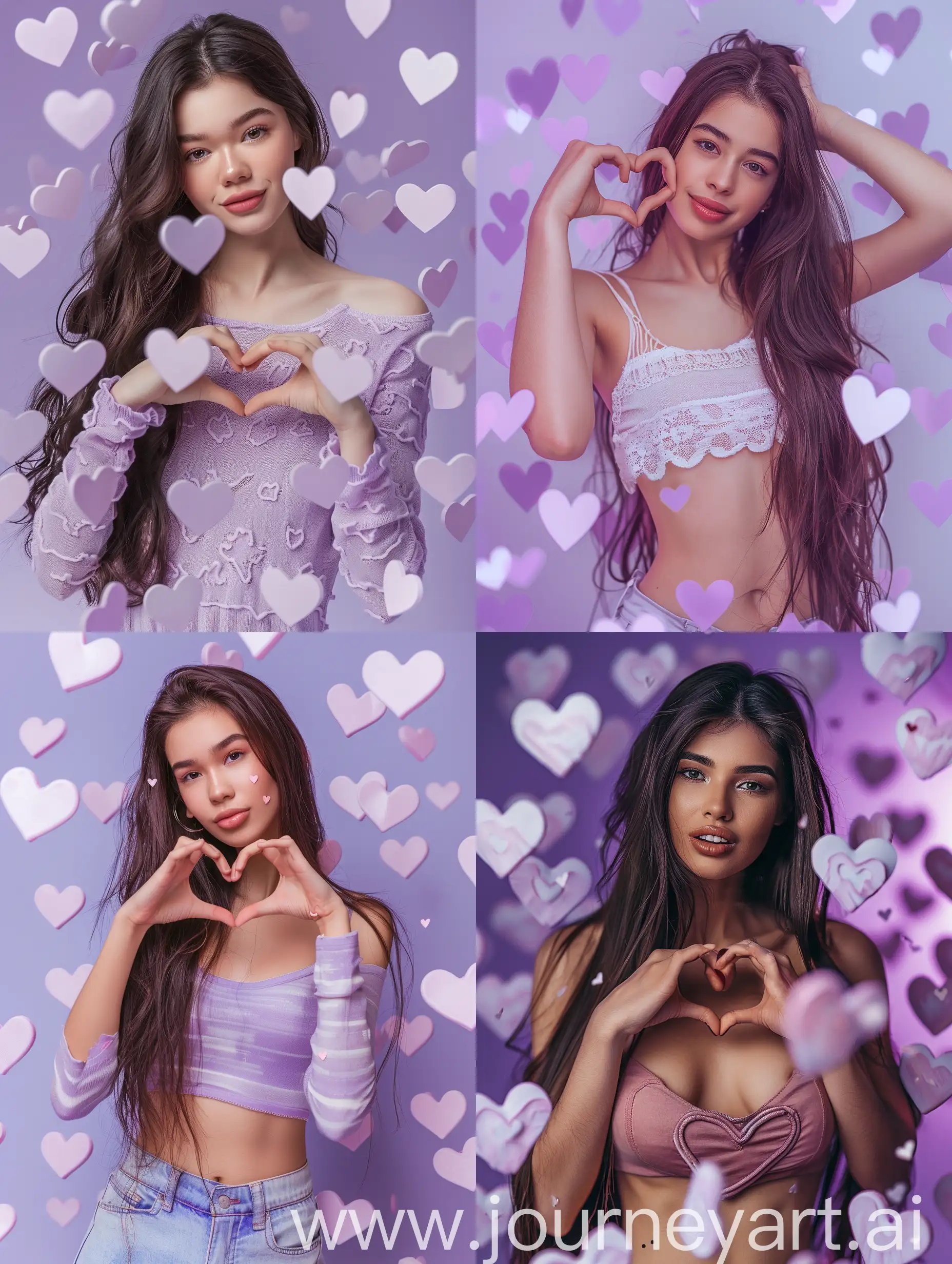 a pretty women standing among hearts, has dark long brown hair, full body pose photography, she is make a heart shape with her hands, realistic photo, lilac theme colors