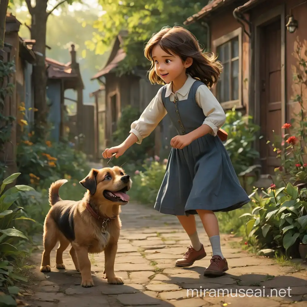 A eight year old girl playing tess with a dog