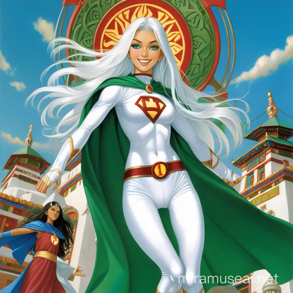Superhero Teenager with White Hair and Emerald Necklace Soars Over Tibetan Monastery