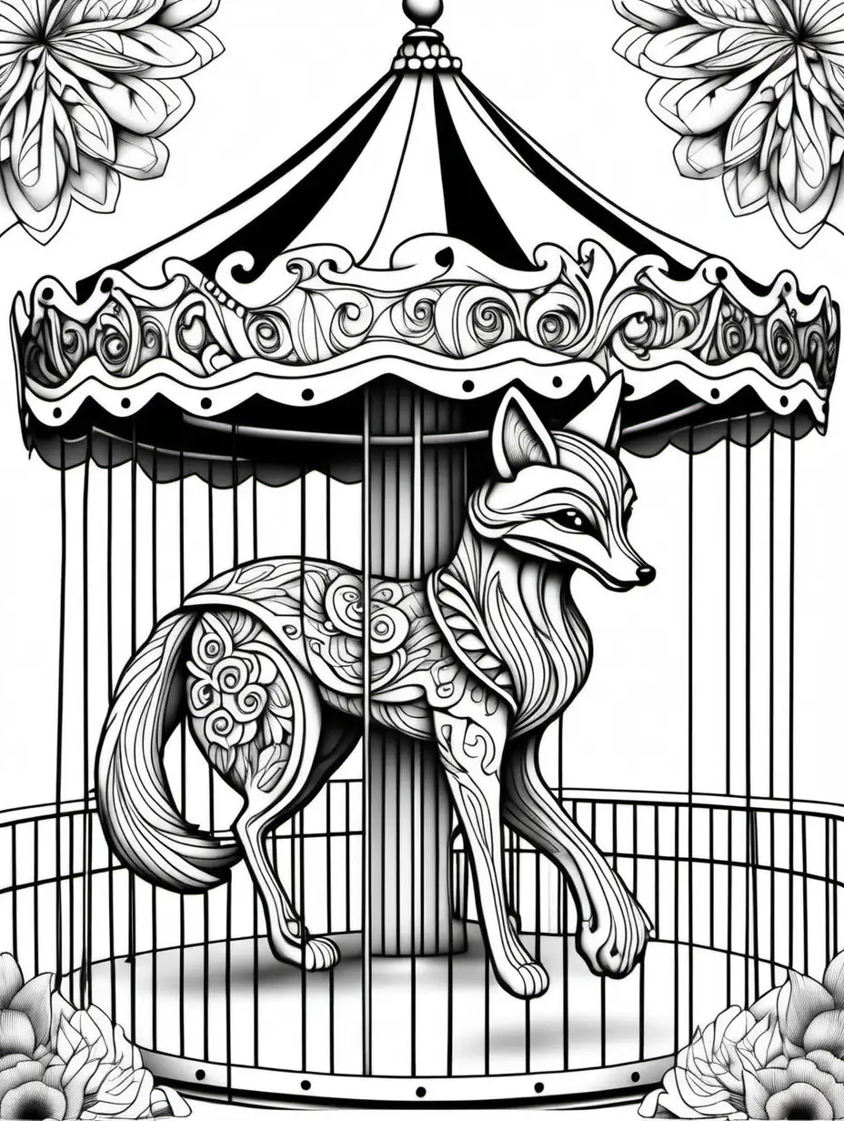 Detailed Coloring Page for Adults, carousel fox with no background Thick Lines and No Shade, 3:4 ratio
