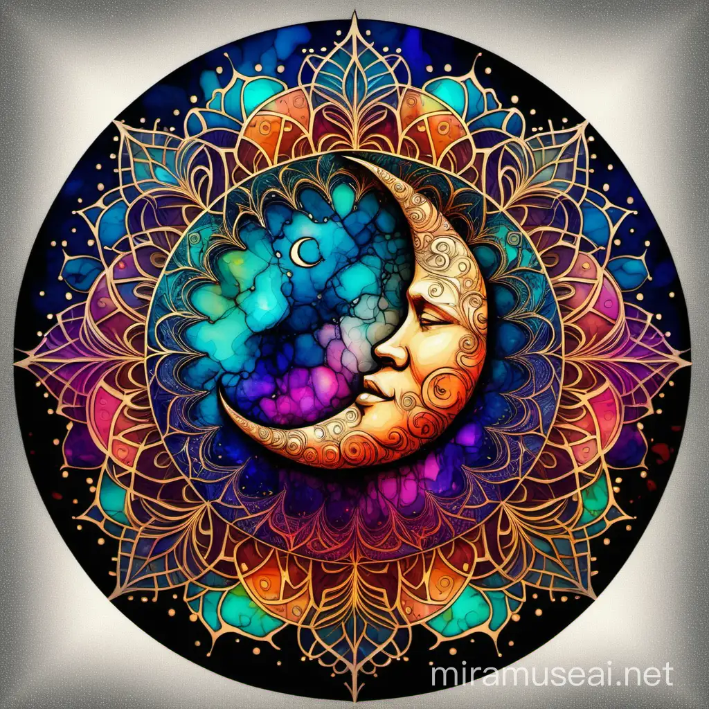 crescent moon, alcohol ink digital art, mandala design, colourful vivid