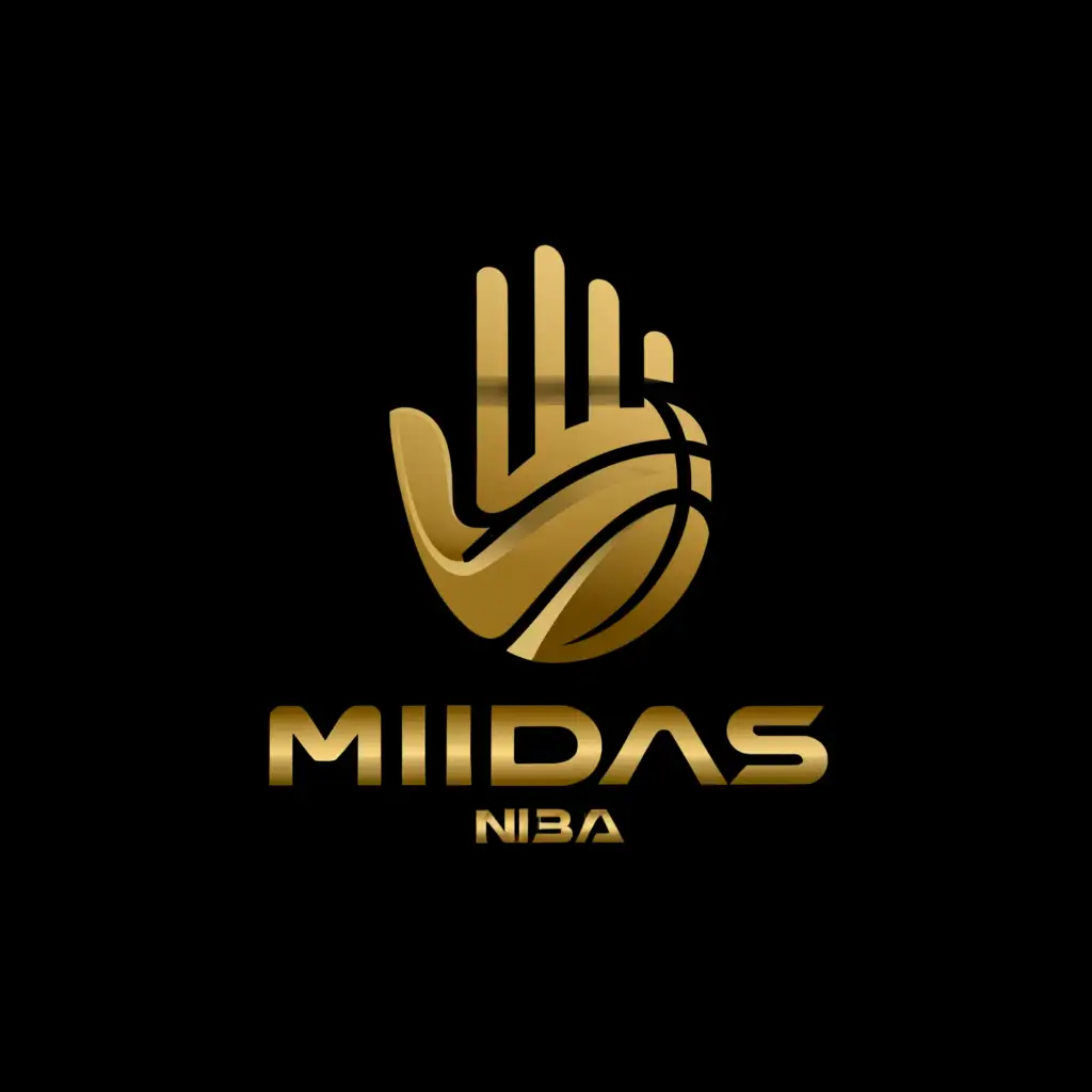 a logo design,with the text "Midas
NBA
", main symbol:A Gold hand with a basketball, 5 fingers, black background.,Moderate,be used in Sports Fitness industry,clear background