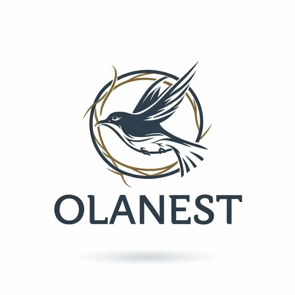 logo, swallow birb with circle nest, with the text "OLANEST", typography