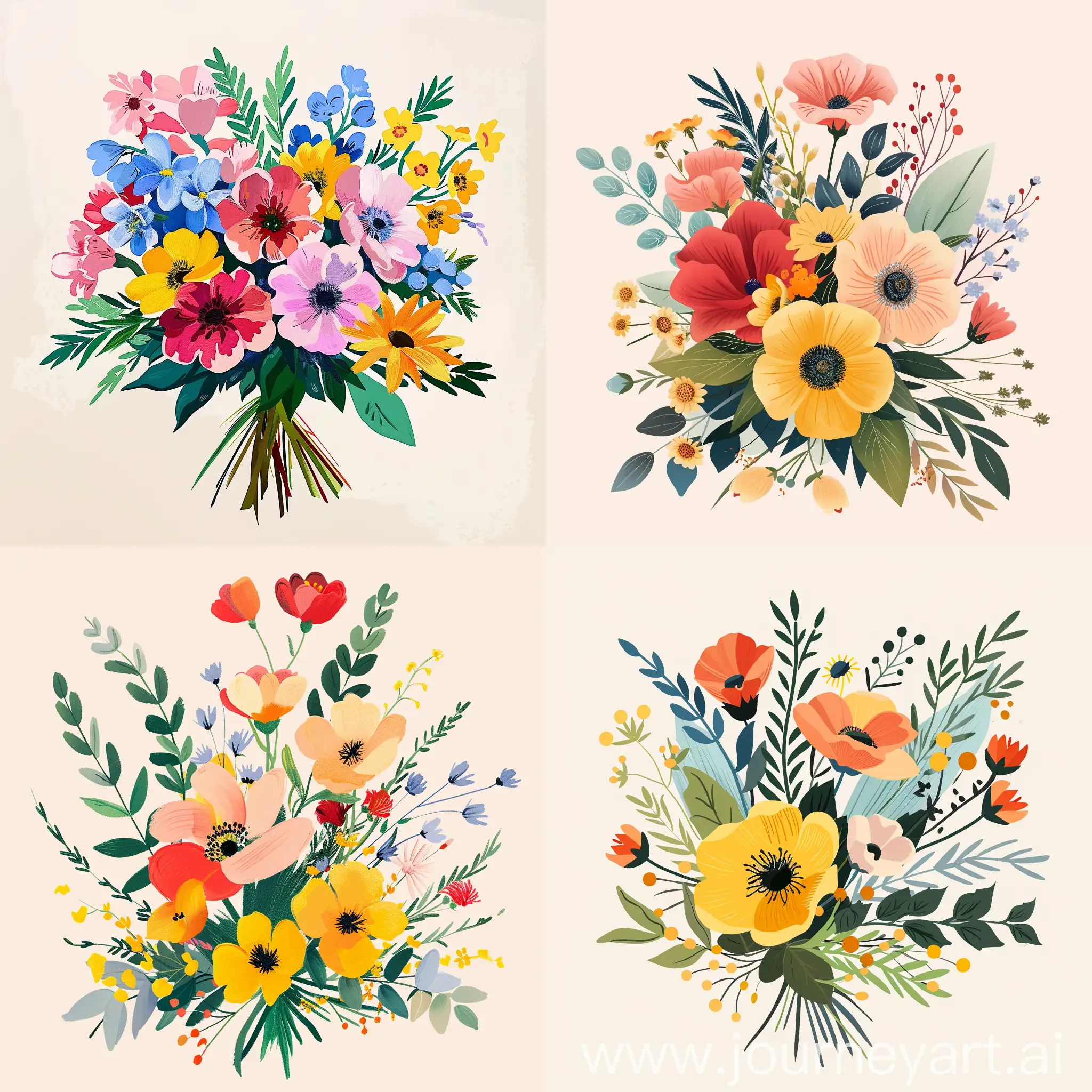 a hyper realistic flat style floral bouquet illustrated with simplified oil paint in summer colors, light background