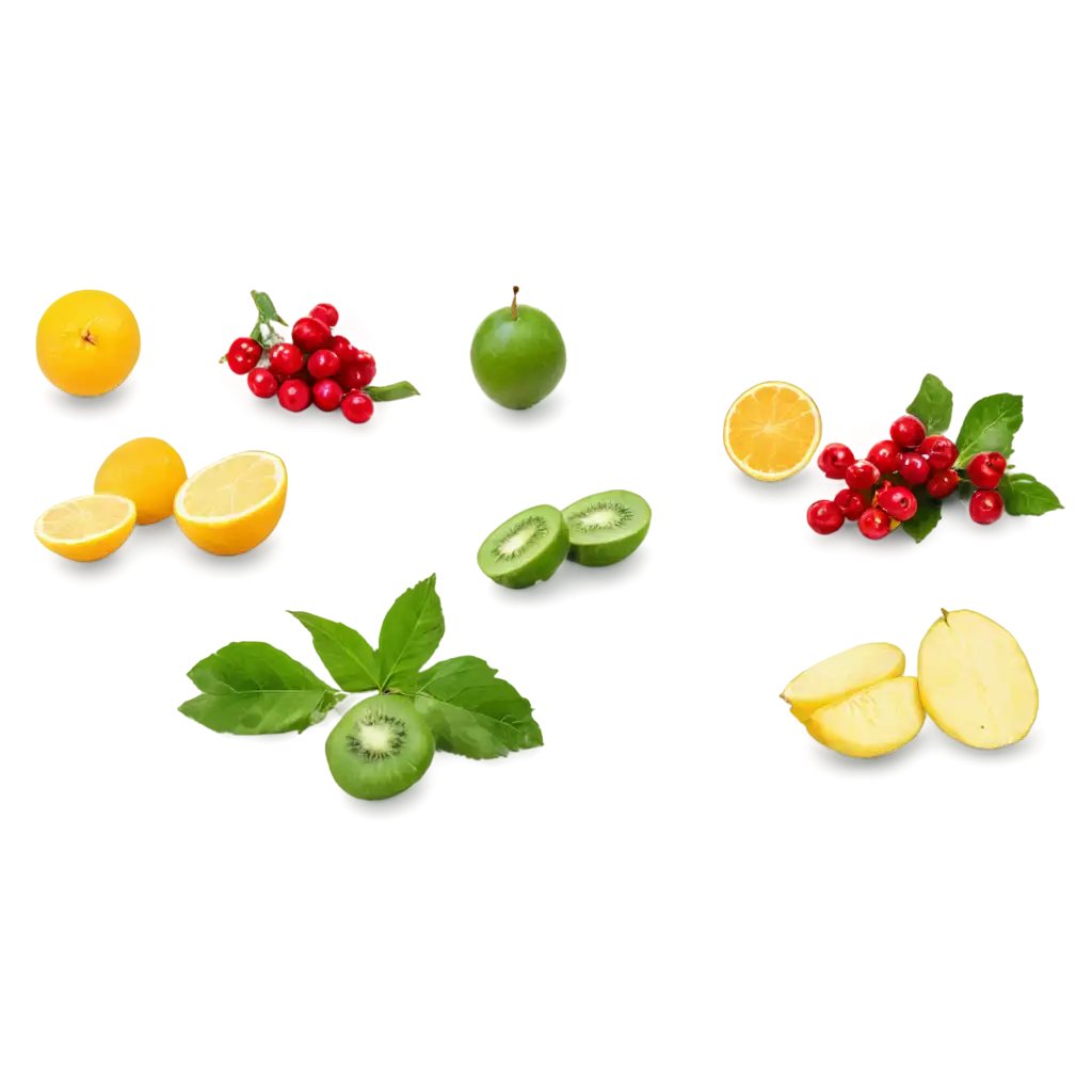 a group of fruits and berries lie on the table