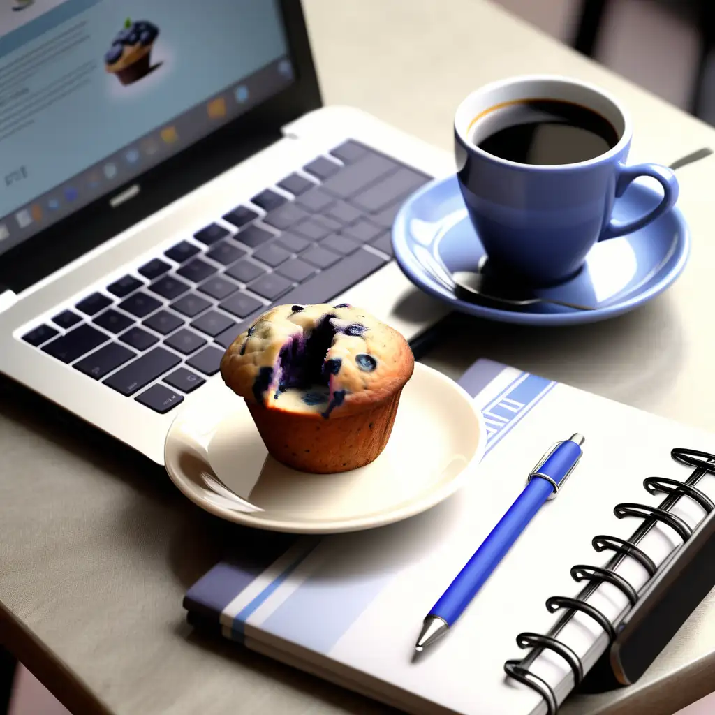 Good morning with coffee and laptop sitting on a table with a blueberry muffin
