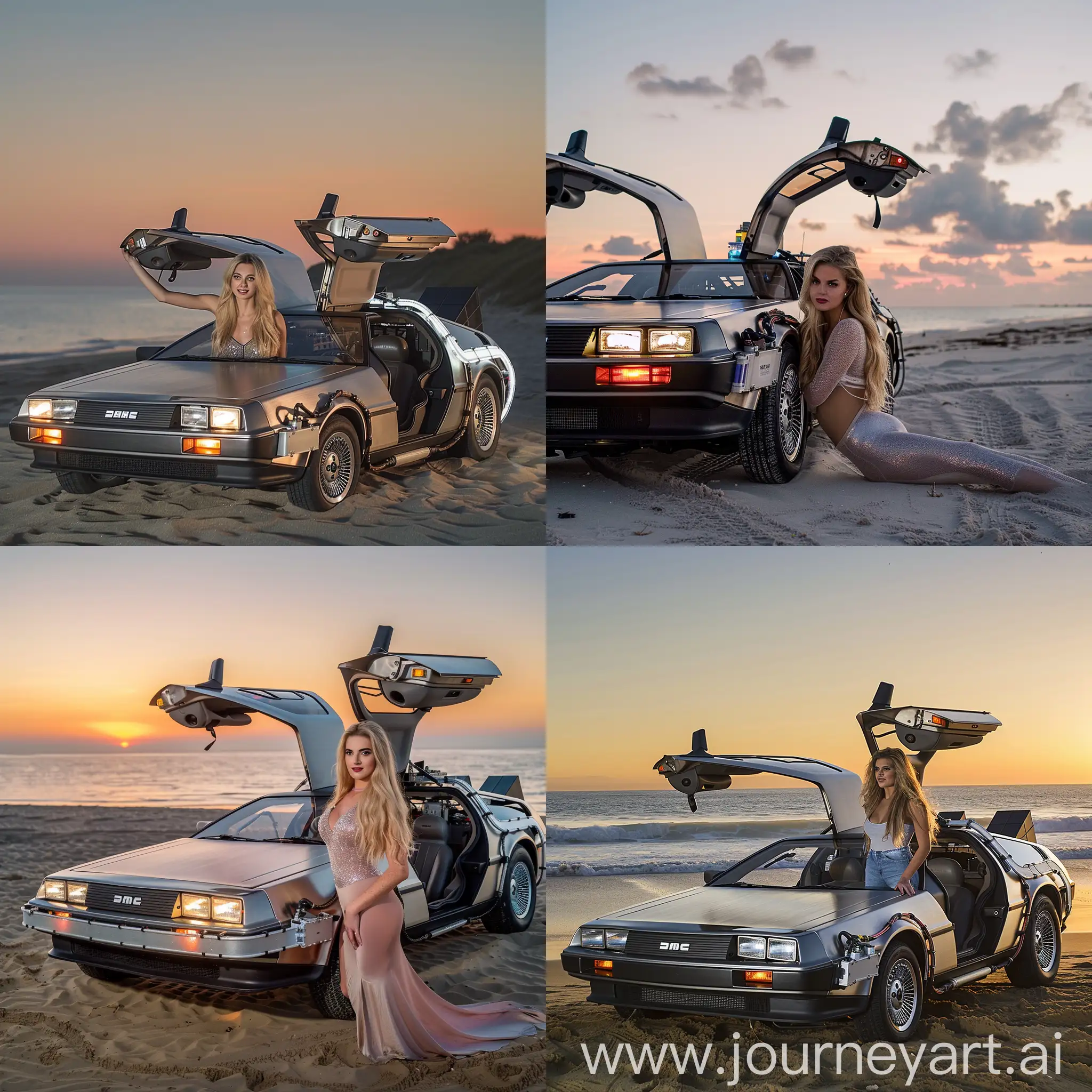 Blonde-Woman-Posing-with-Back-to-the-Future-Delorean-on-Sunset-Beach